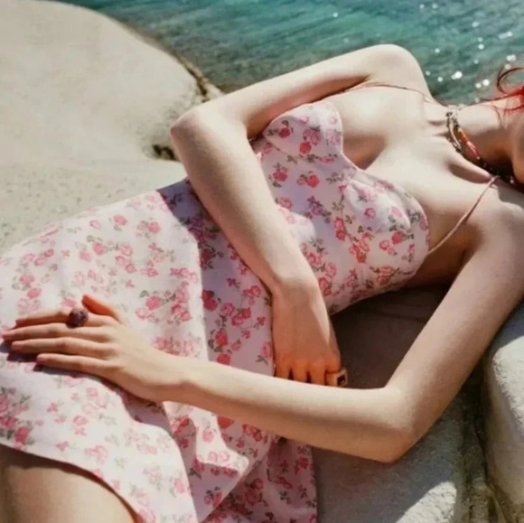 Zara Bloggers Favorite Pink Floral Lace Up Cutout Strappy Linen Blend Mini Dress - Picture 15 of 15